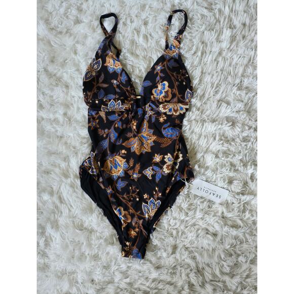 New Seafolly Printed V-Neck One-Piece Swimsuit - Size 6 - Picture 5 of 5